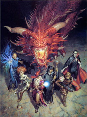 Sept aventuriers fantastiques font face à un dragon rouge géant dans un donjon de pierre. — Dnd Fonds d'écran