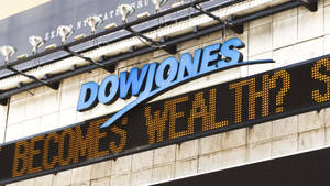 Panneau Dow Jones avec ticker numérique demandant si quelque chose devient richesse. — Dow Jones Fonds d'écran