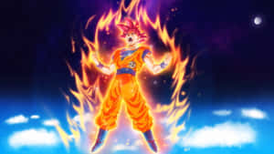 Personagem de anime com cabelo vermelho espetado e gi laranja cercado por chamas em um céu noturno com nuvens e lua. — Fundo de Dragon Ball Fundos