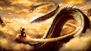 Um guerreiro monta um dragão gigante através de nuvens douradas ao pôr do sol. — Fundo de Dragon Ball Fundos