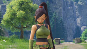Anime girl with ponytail in green outfit standing in grassy field near trees and cliffs. — Applicable Wallpaper