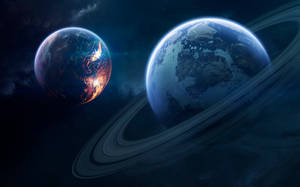 Two Earth-like planets one with city lights the other with rings floating in space — Saturn Wallpaper