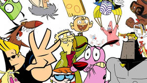 Gruppe af tegneseriefigurer, der laver fredstegn og sjove ansigter. — Ed Wallpapers