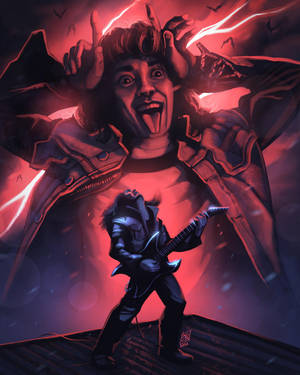 En guitarist spiller på et tag, mens en dæmonisk kæmpeversion af ham selv dukker op bag ham. — Rød Wallpapers