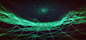 A glowing green digital grid in a starry cosmic space with a nebula. — Edm Wallpaper