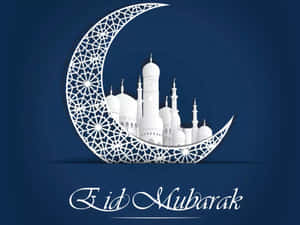 White crescent moon with mosque inside against blue background with Eid Mubarak text. — Ed Wallpaper