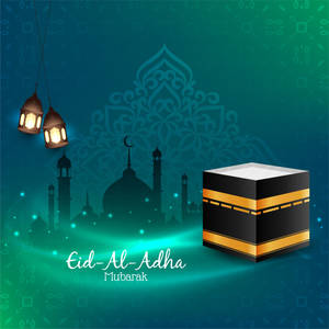 Eid-Al-Adha Mubarak greeting with lanterns mosque silhouette and Kaaba on teal background — Holiday Wallpaper