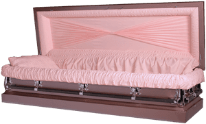 Pink satin casket with ruffled lining and silver handles. — Death Wallpaper