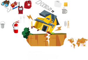 A yellow house on a cliff surrounded by survival gear and a world map with red pins. — Global Wallpaper