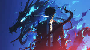Chico anime con traje y energía de dragón azul brillante detrás de él