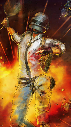 Soldat in Kampfausrüstung schwingt eine Bratpfanne inmitten feuriger Explosionen. — Pubg Wallpaper