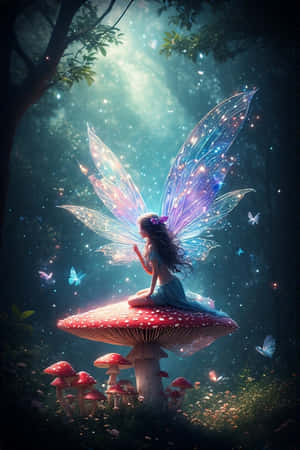 Fairy with glowing wings sits on a giant red mushroom in a magical forest. — Fantasy Wallpaper