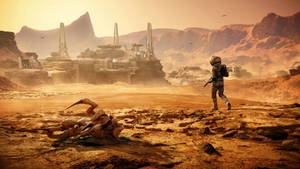 En astronaut udforsker en gold fremmed verden med et dødt væsen og en fjern base. — Mars Wallpapers