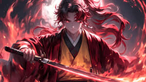 Anime warrior with red eyes and flowing hair holding a glowing sword surrounded by flames. — Battle Wallpaper