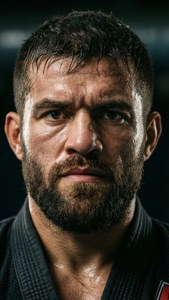 Close-up of a sweaty fighter in a gi with a focused intense gaze. taustakuva