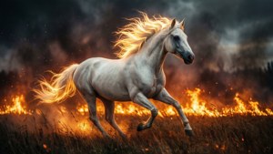 White horse running through field with fire behind it under stormy sky — Deftones Wallpaper