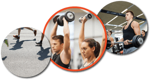 Athletes exercising in gym and on pavement with circular frames. — Gym Wallpaper