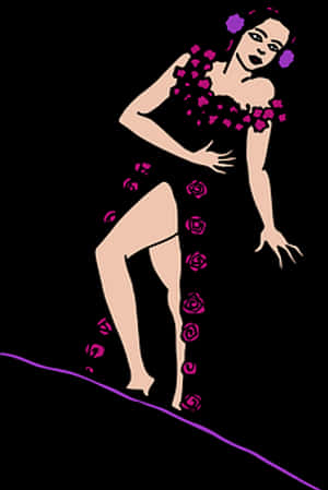 Uma mulher em um vestido de rosas equilibra-se em uma linha roxa contra um fundo preto. — Clássico Papéis de Parede