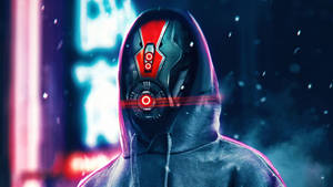 A person in a hoodie with a glowing red cybernetic mask in a snowy neon city at night. — Robot Wallpaper