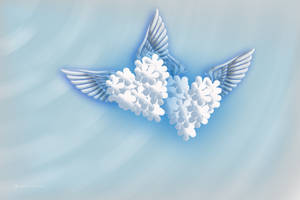 A white bird with floral body and spread wings flying in a blue gradient sky. — Wings Wallpaper