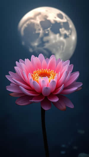 Pink lotus flower with yellow center under a glowing full moon in dark water. — Beauty Wallpaper