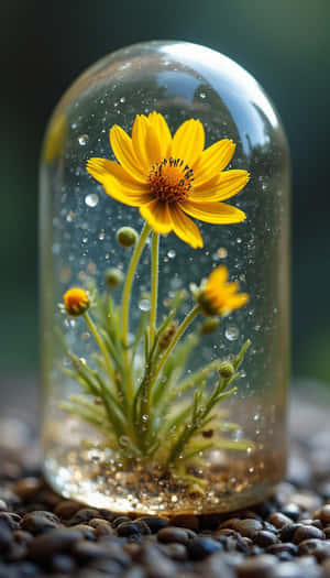 A yellow flower in a glass dome with water droplets on pebbles. — Beauty Wallpaper