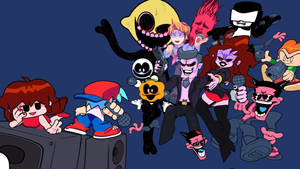 Group of animated characters holding guns in a chaotic pose. — Fnf Wallpaper