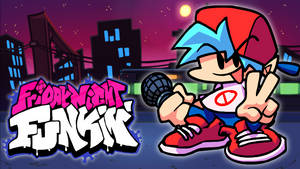 Cartoon character with blue hair and red cap holding mic and peace sign in neon city at night. — Fnf Wallpaper