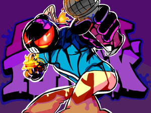 Anime character holding flaming grenade and pistol against purple graffiti background. — Fnf Wallpaper