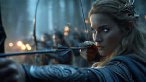 Elf archer aiming bow in misty forest with torch-lit warriors behind. — Battle Wallpaper