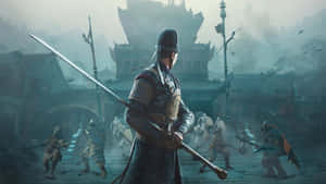 Warrior in ornate armor holds sword amid chaotic battle in misty ancient city. — Showdown Wallpaper