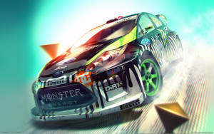 A high-speed rally car with Monster Energy branding racing on a stylized track. — Showdown Wallpaper
