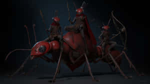 Three warrior ants on a giant red ant with weapons in dark setting — Battle Wallpaper