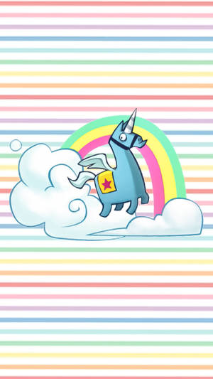 Blue winged unicorn with star badge on cloud against rainbow and pastel stripes. — Unicorn Wallpaper
