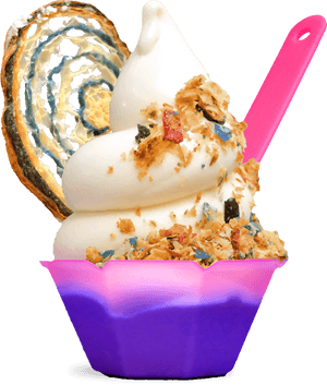 Soft serve ice cream in a purple cup with pink spoon and shell garnish. — Food PNG