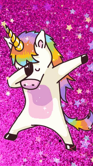 A dancing unicorn with rainbow hair and horn on a glittery pink star background. — Unicorns Wallpaper