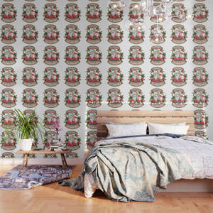 Dormitorio con papel tapiz de Papá Noel, cama de madera y lámpara colgante. — Diseño de Imágenes Fondo Fondos
