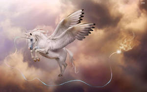 A white winged unicorn flying through storm clouds with a glowing ribbon and lightning. — Unicorns Wallpaper