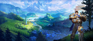 Ein Fantasy-Krieger in goldener Rüstung steht auf einer Klippe und blickt auf ein üppiges Tal mit Flüssen und Bergen. — Wild Wallpaper