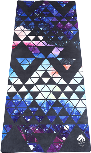 Yoga mat with colorful cosmic triangles on black background — Yoga Wallpaper