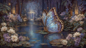 Uma borboleta morpho azul em lírios d'água em uma lagoa brilhante com flores e lanternas. — Flora Papéis de Parede