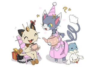 Gatos anime tomando el té con un perro y una cría de foca cerca. — Fiesta Fondos de pantalla