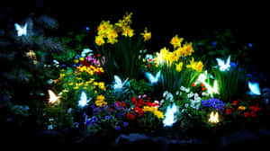 Glowing butterflies flutter among colorful spring flowers in a dark garden. — Fantasy Wallpaper