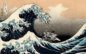 En liten båt kämpar mot en tornhög våg i ett japanskt träsnitt. — Wave Bakgrundsbilder