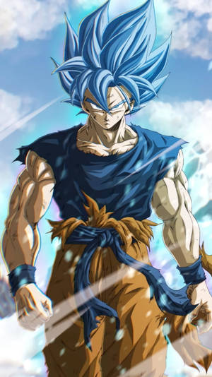 Anime-personage met blauw haar en gloeiende ogen in een krachtige houding. — Dbz Achtergronden