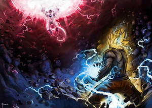 Anime-Krieger entfesselt blaue Blitze gegen ein rotes göttliches Wesen in einer kosmischen Schlacht. — Dbz Wallpaper