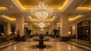 Luxurious hotel lobby with grand chandeliers and marble floors. — Hotel Wallpaper