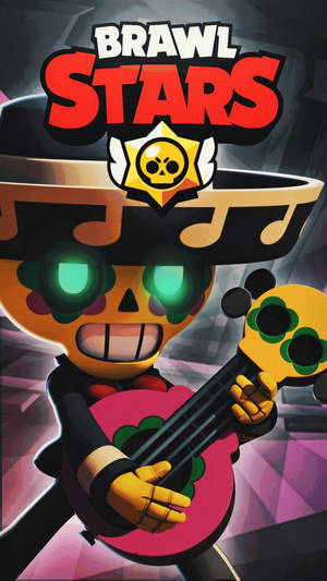 Cartoon skeleton musician playing guitar with glowing eyes and Brawl Stars logo. — Brawl Wallpaper