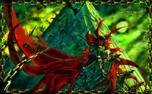 A red-winged demon chained in front of a gothic cathedral under a green sky. — Spawn Wallpaper