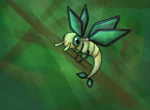 Um inseto verde de desenho animado com asas de folha pousado em um galho. — Pokémon Papéis de Parede